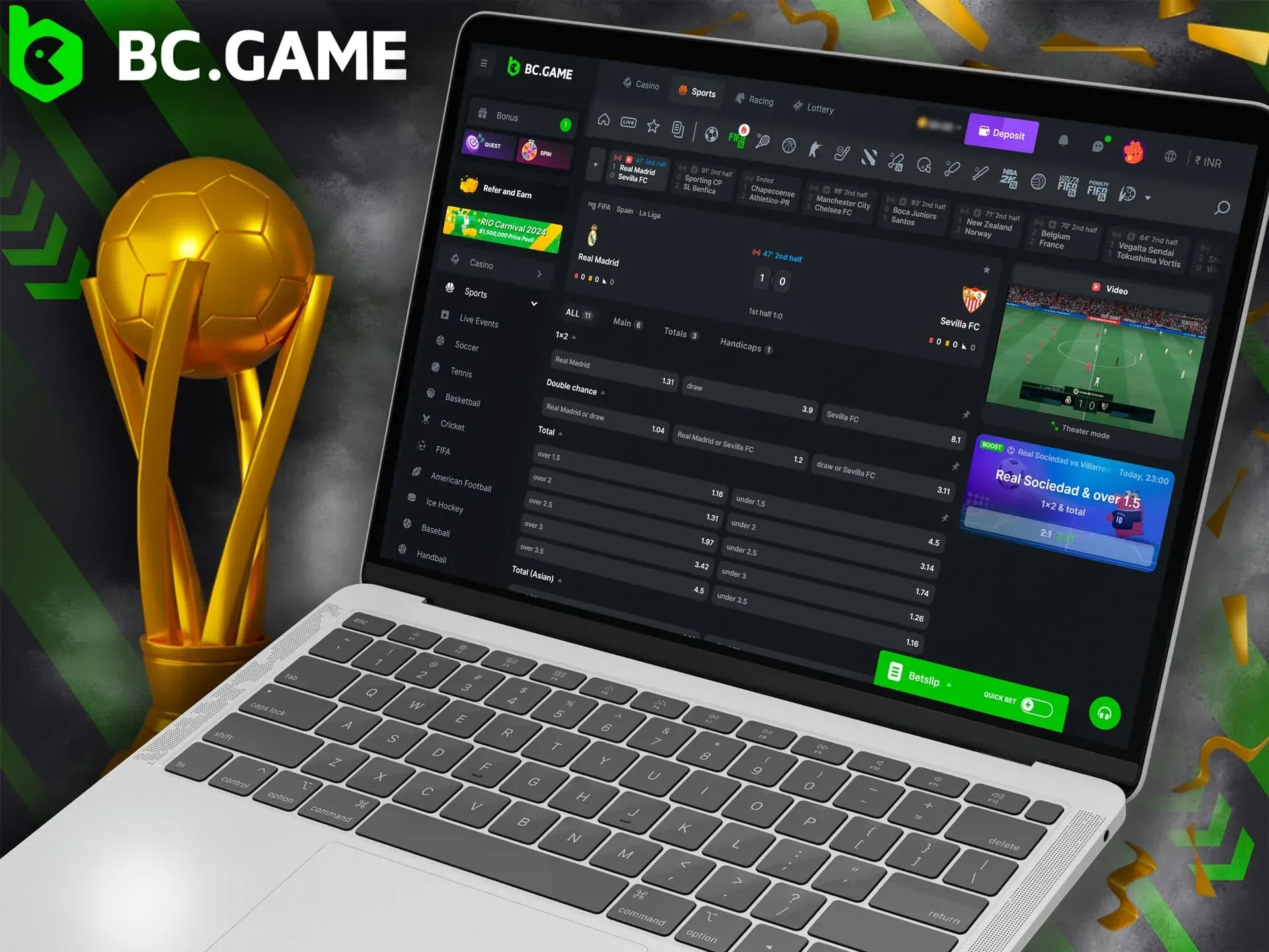 In-Play Football Betting via the BC Game Platform.