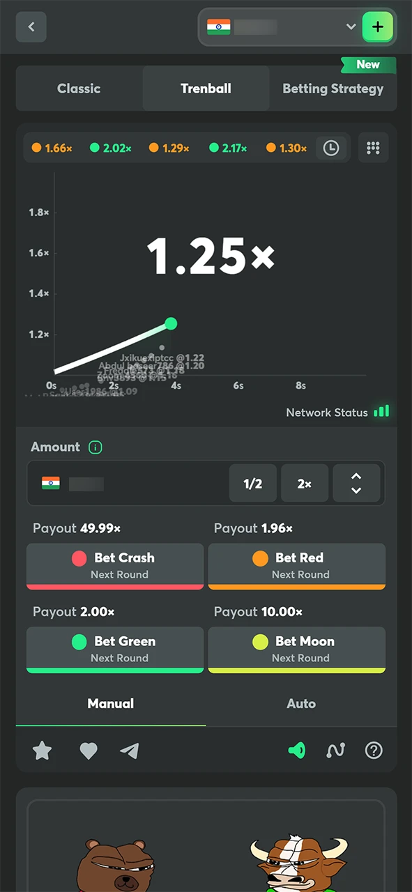 The Trenball mode interface within BC Game's Crash.