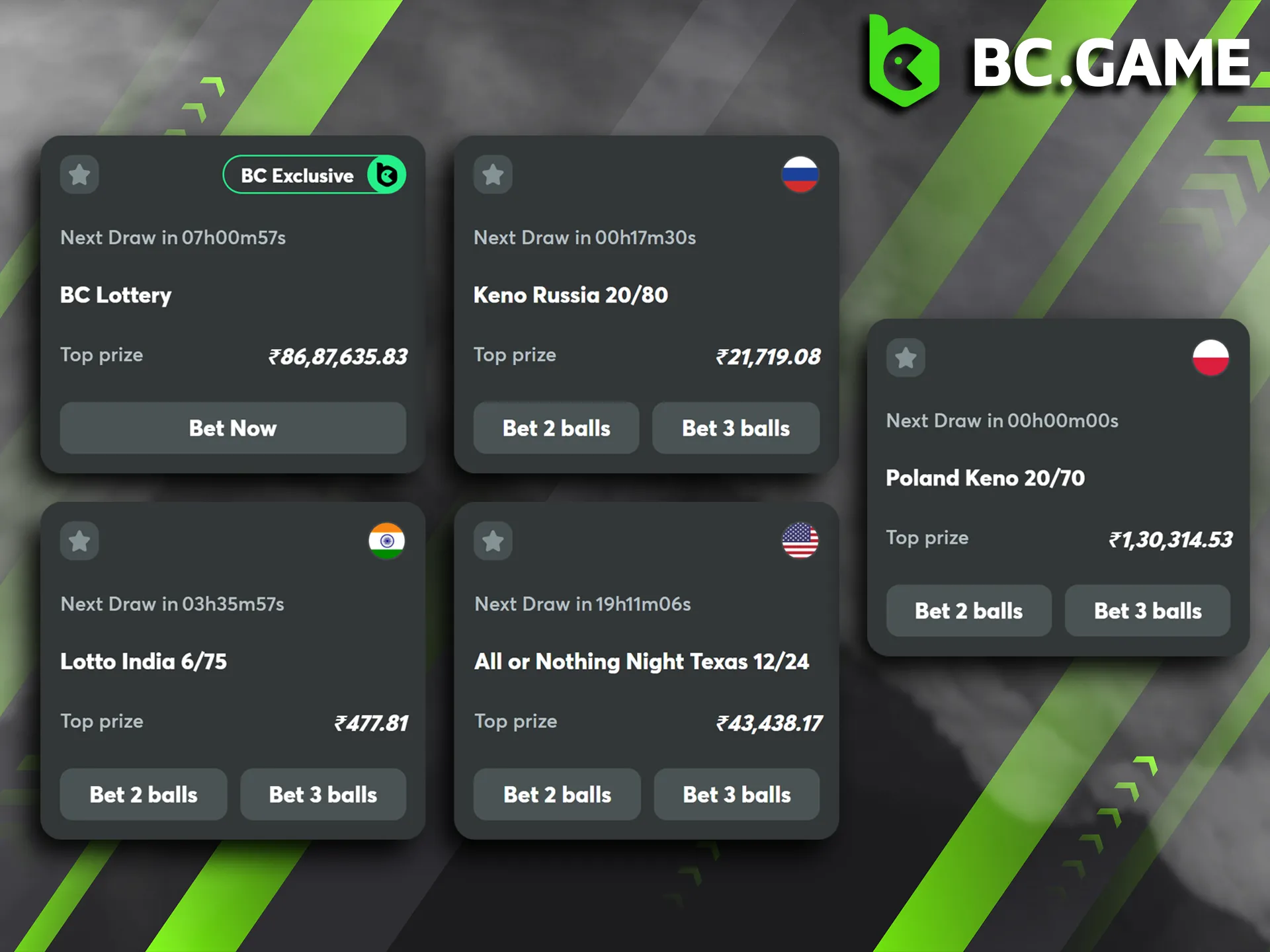 Explore the most sought-after lottery games available on the BC Game platform.