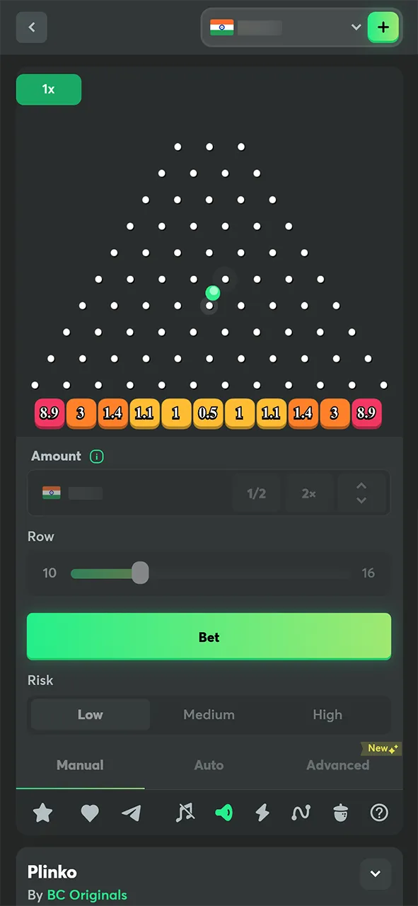 Place your bets manually for full control over every drop in BC Game Plinko.