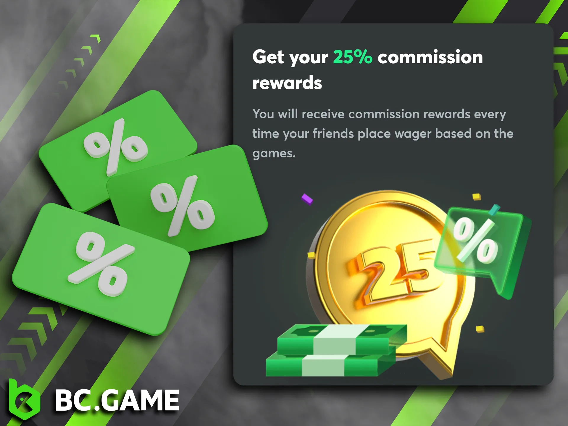 A key part of the BC Game program is the ongoing commission you earn from every wager your referrals make.