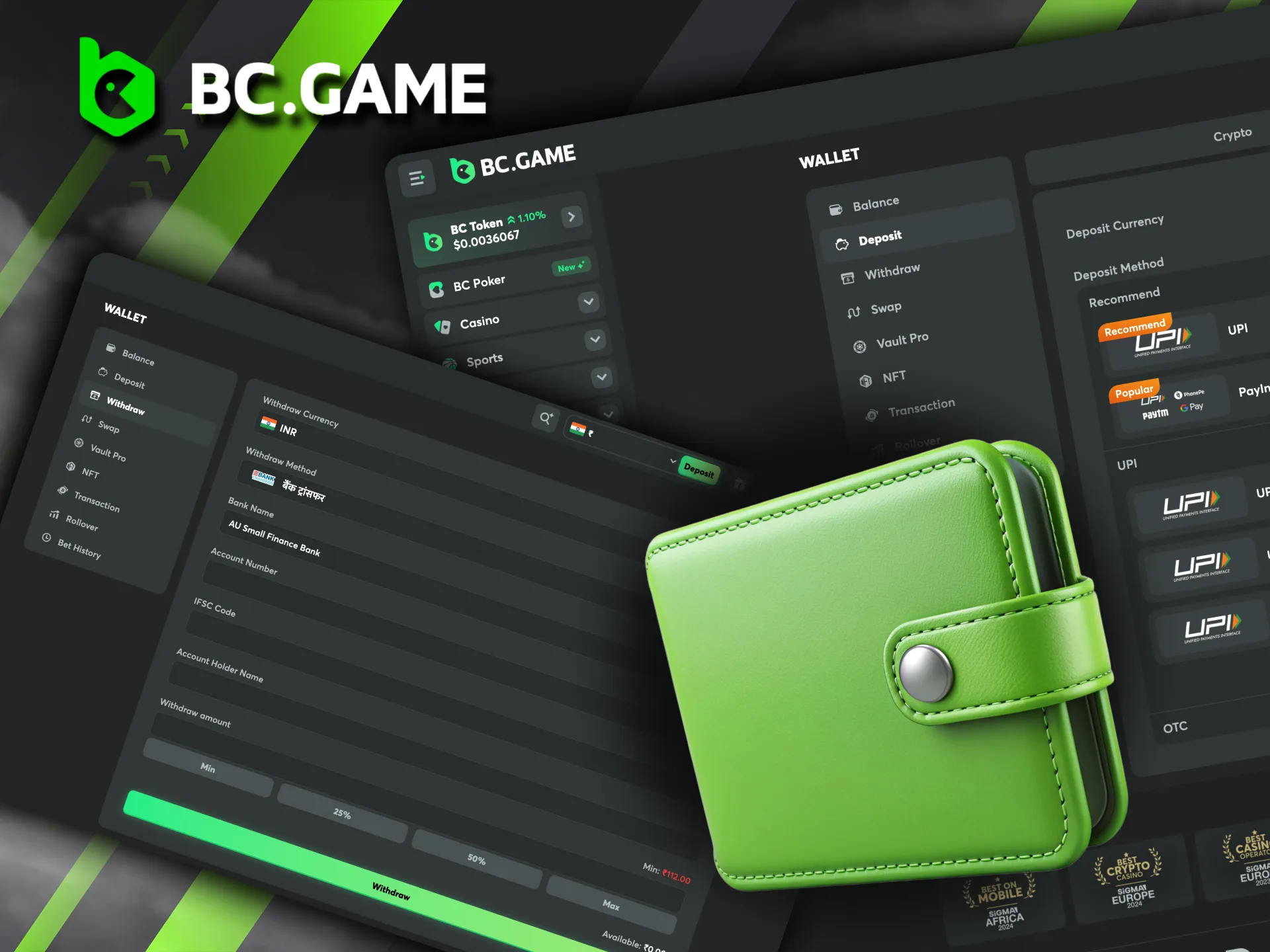 Handling your funds is effortless with BC Originals — use the Wallet for secure, multi-currency deposits and withdrawals.