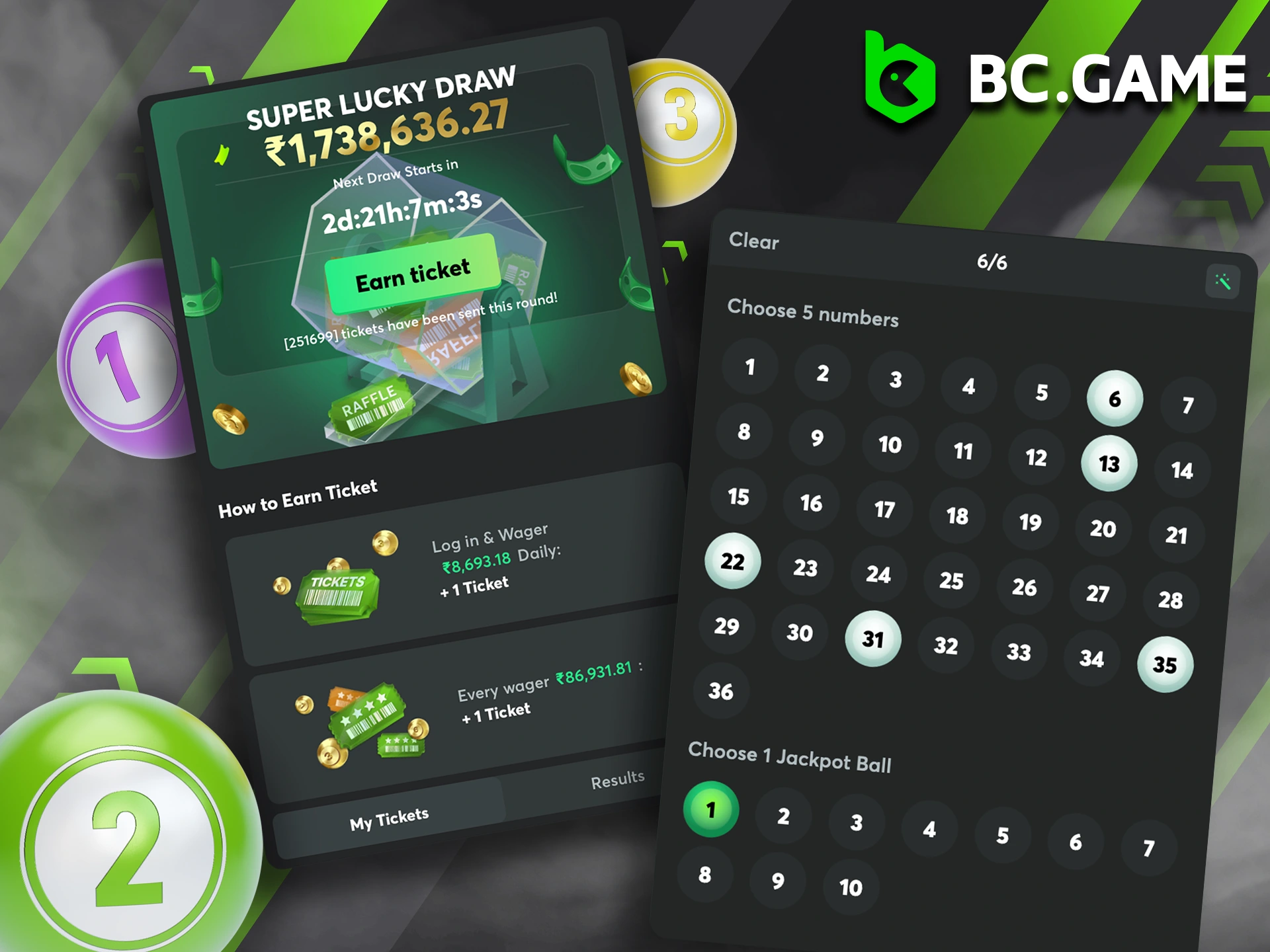 Pick your favorite numbers and try your luck with the BC Game lottery.