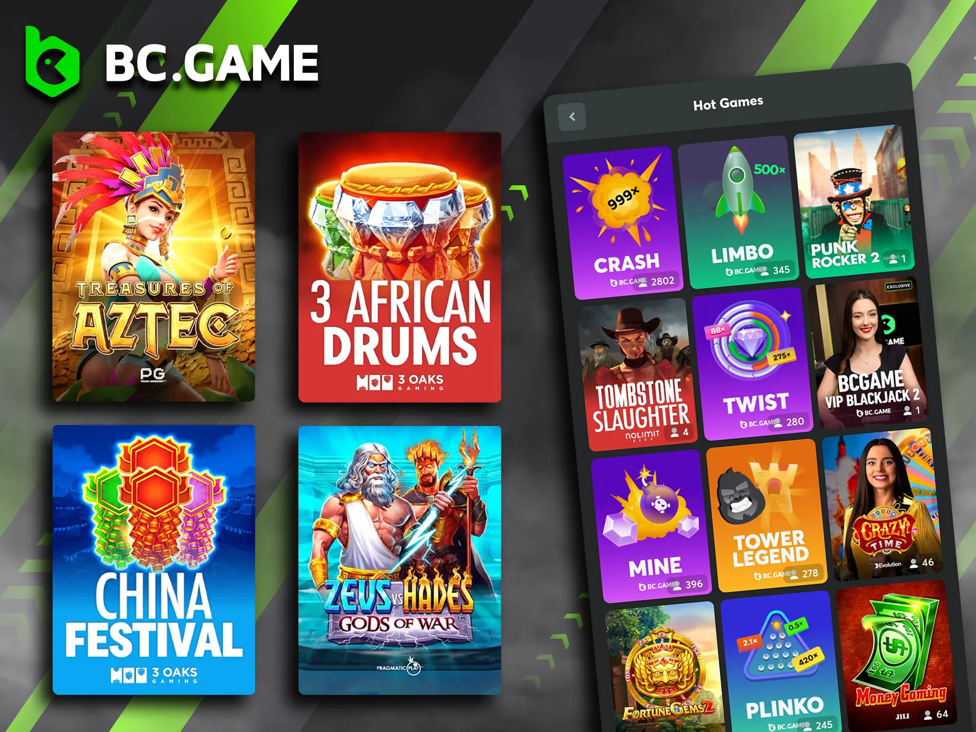 Explore the most popular and trending titles in the BC Game casino section.