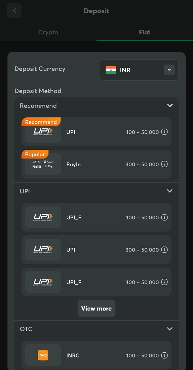 Select the payment option that works best for topping up your BC Game balance.