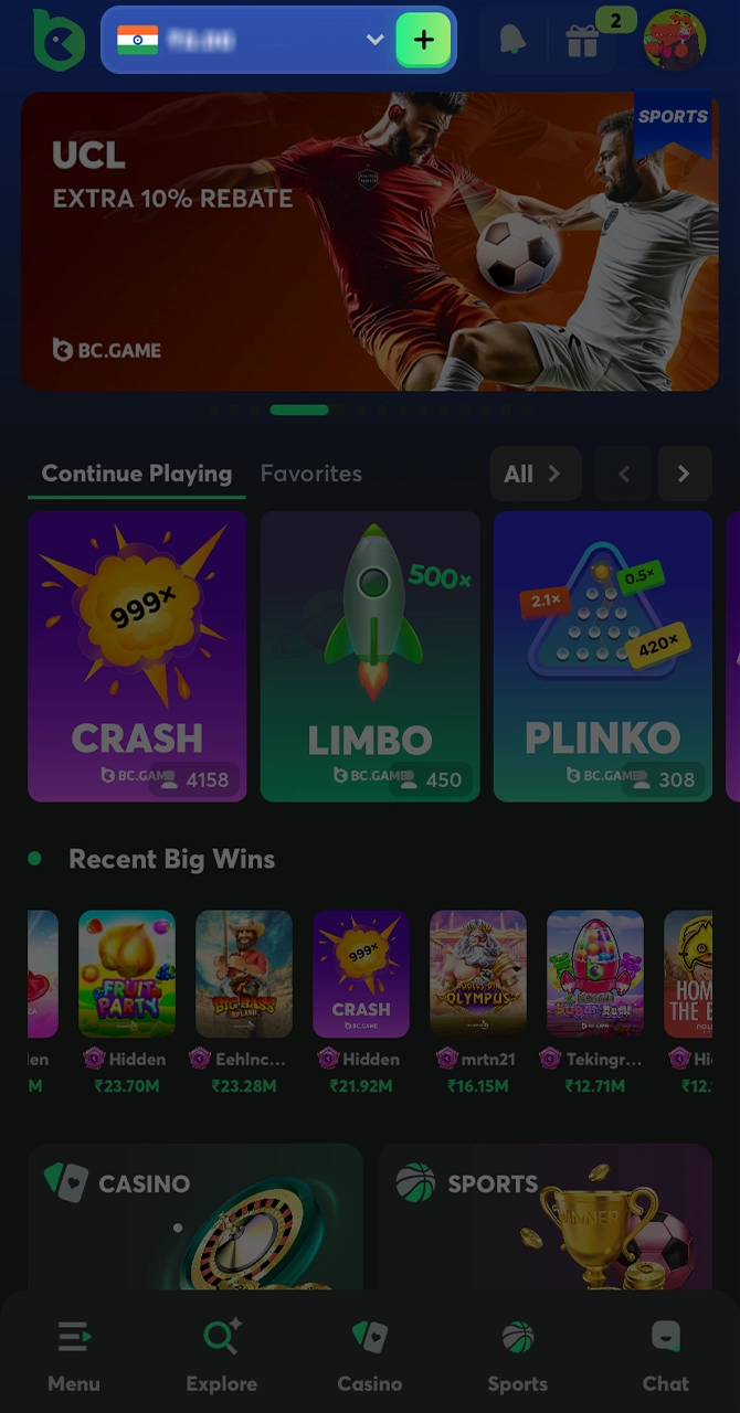 Navigate to the top of the BC Game interface and click the deposit button.