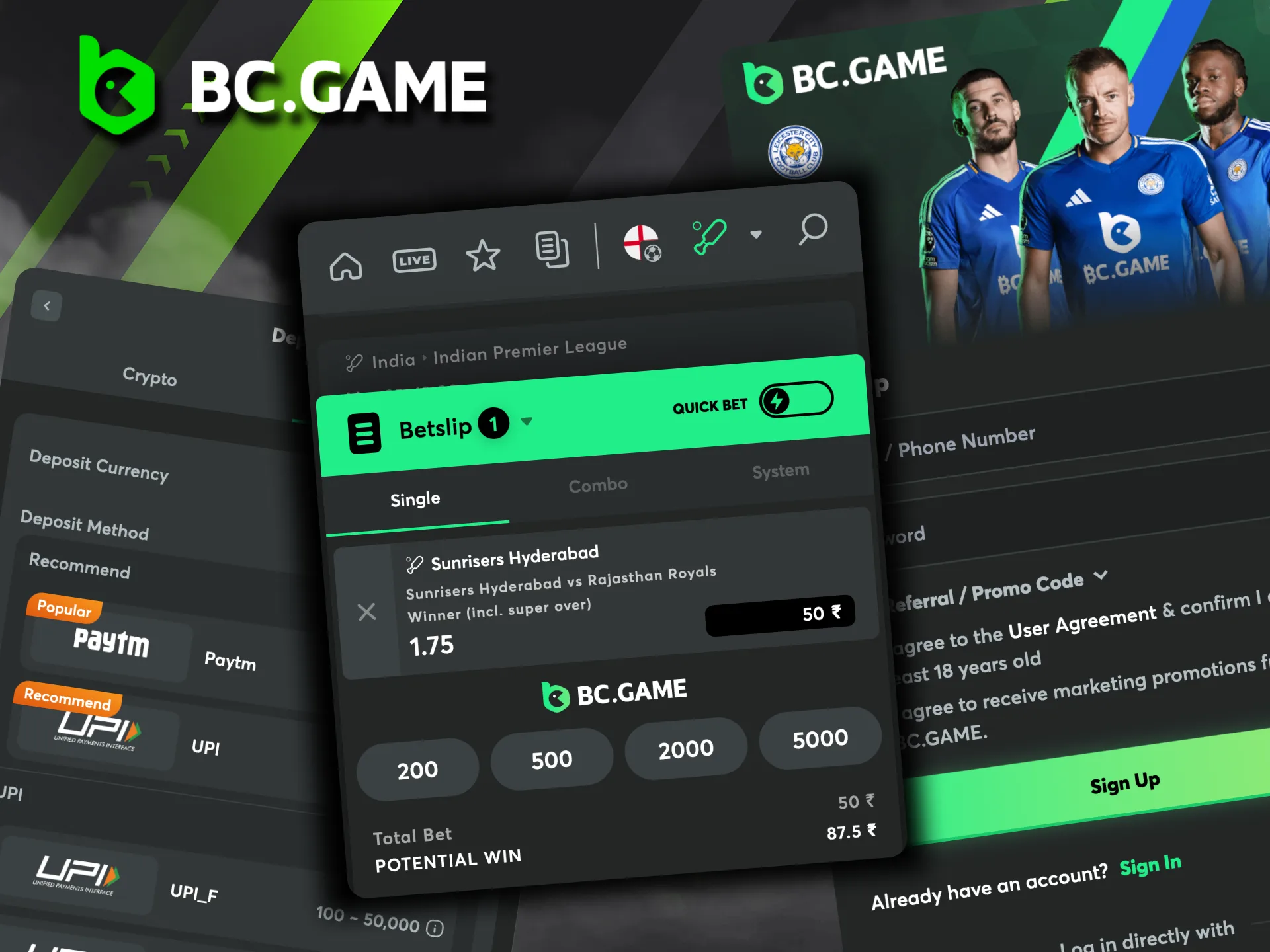 Betting on the IPL is effortless with BC Game — just log in, top up your balance, and dive into the available markets.