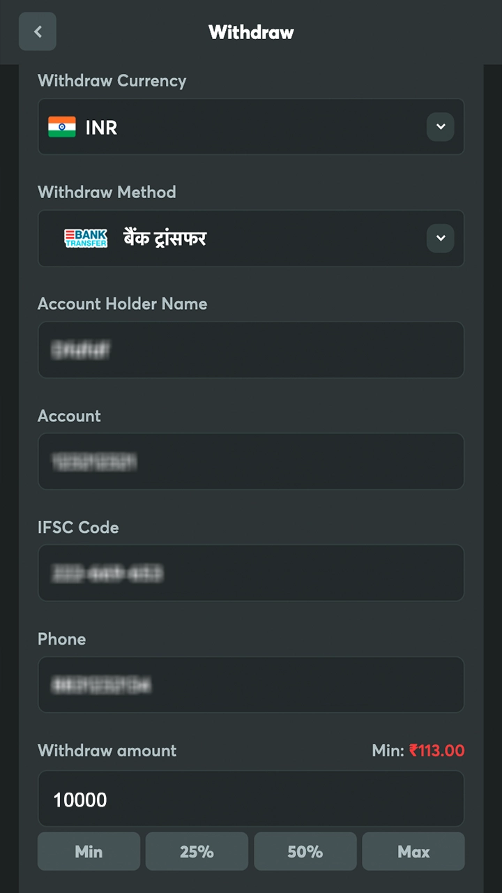 Complete the required fields in the BC Game withdrawal request form.