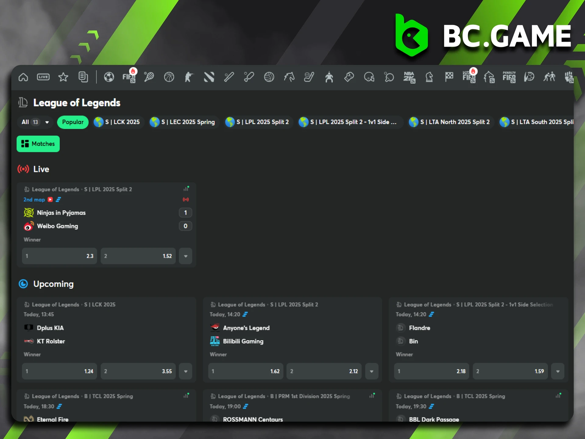Join the League of Legends betting action at BC Game.