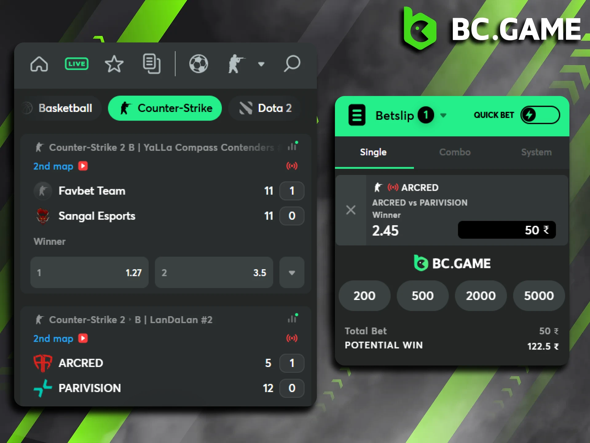 Experience the excitement of live wagering in the BC Game esports section.