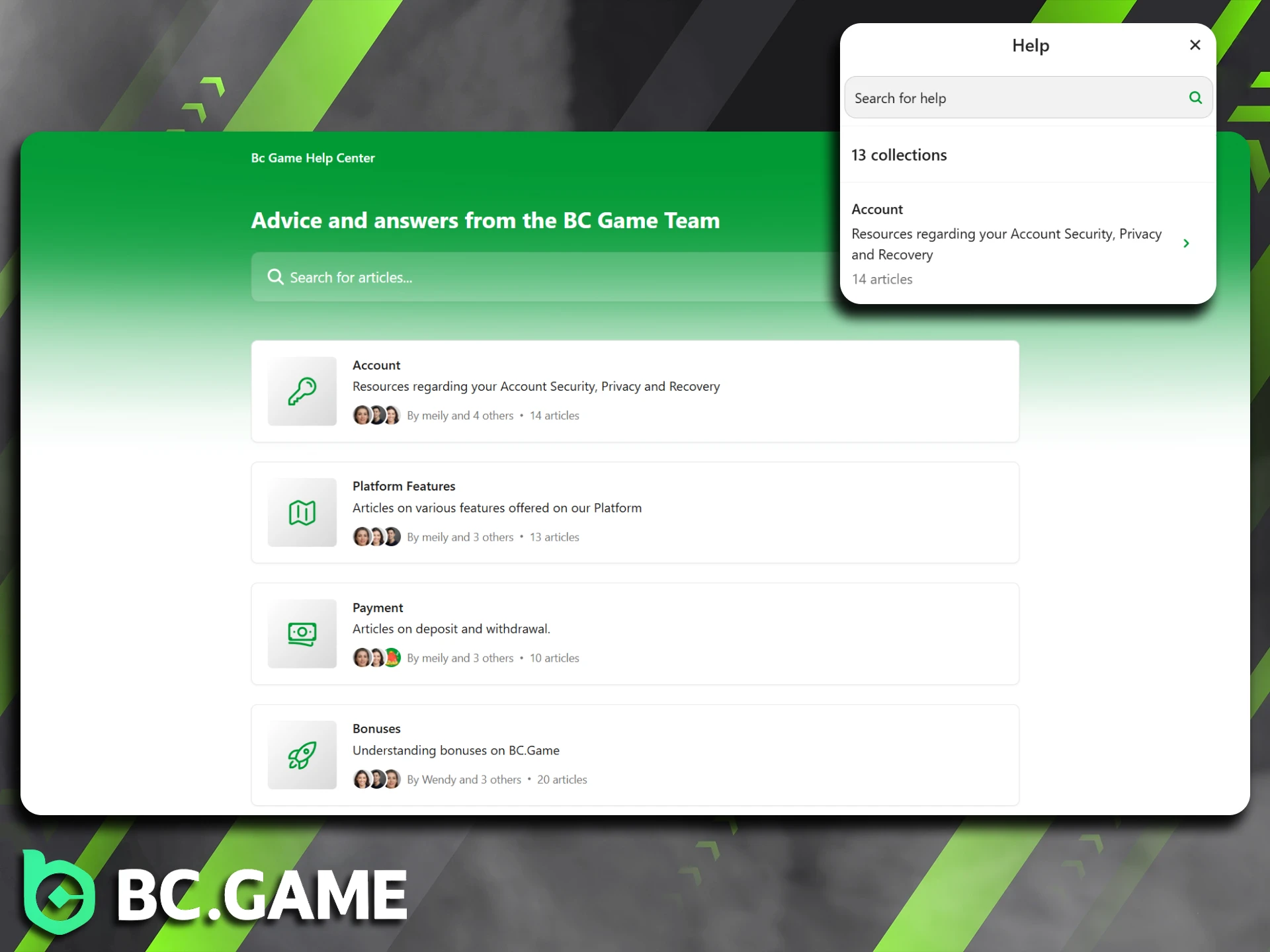 Browse the BC Game help center to find the answers you need.