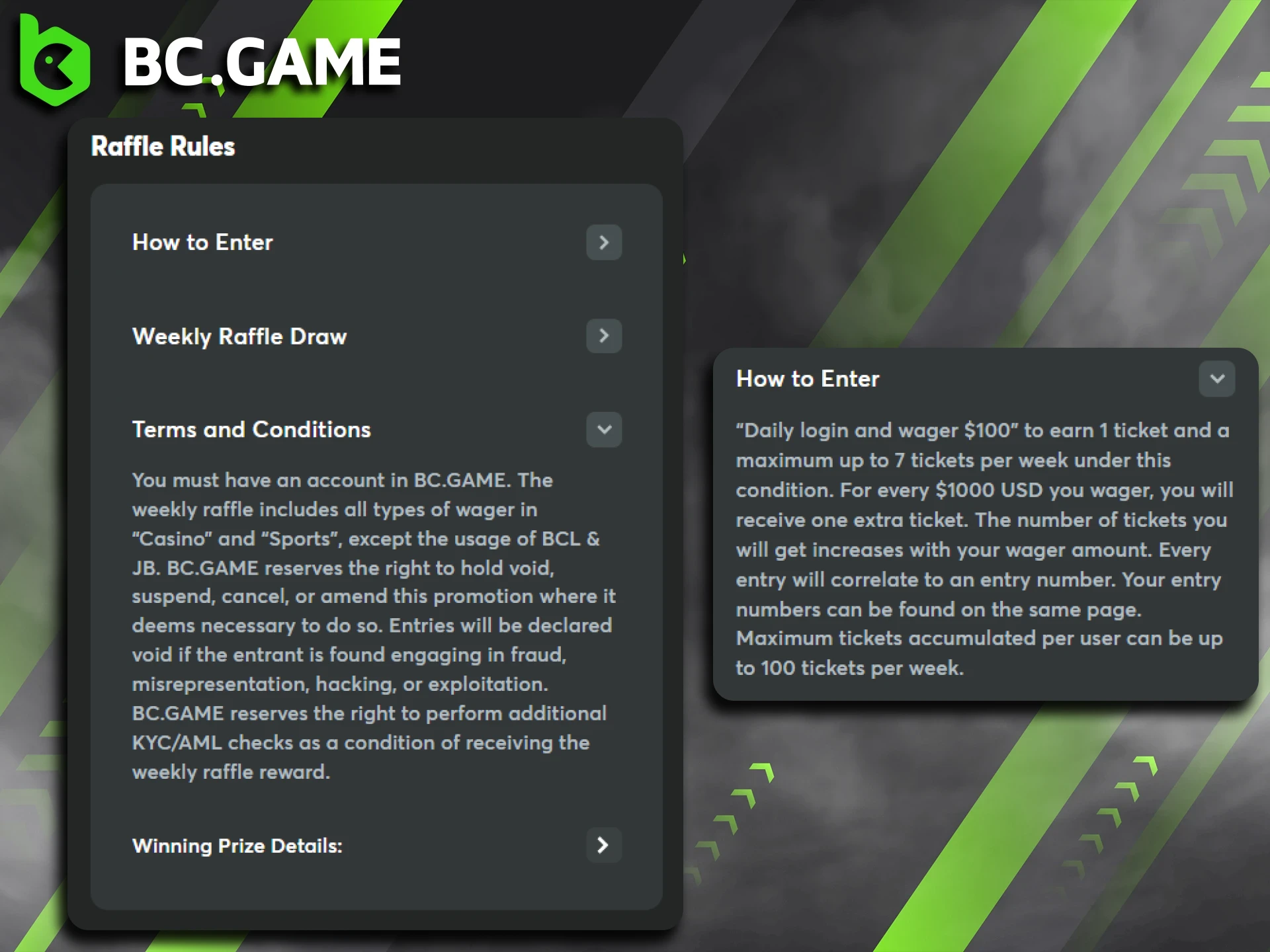 Make sure to review the official BC Game raffle terms and conditions.