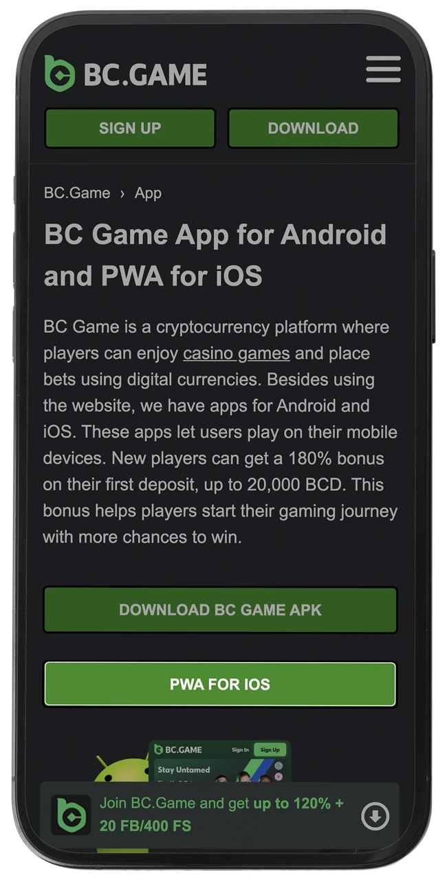 Locate and click the PWA for iOS button to install the BC Game web-based app.