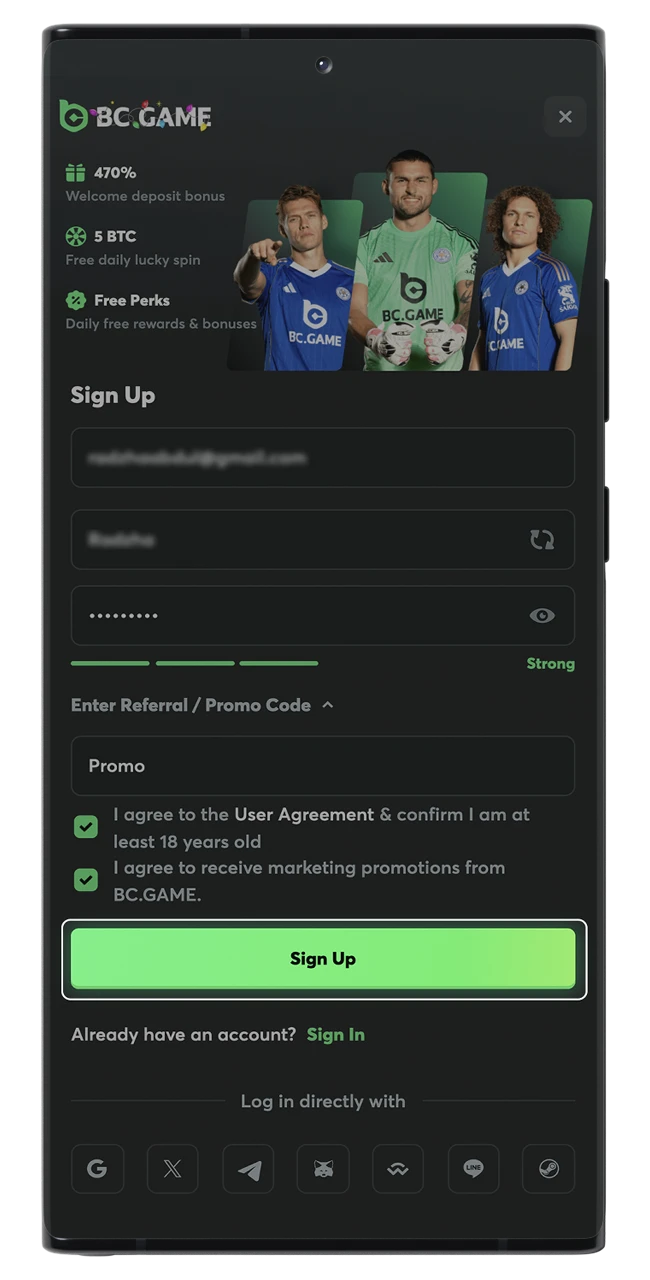 Finish the sign-up process for BC Game.