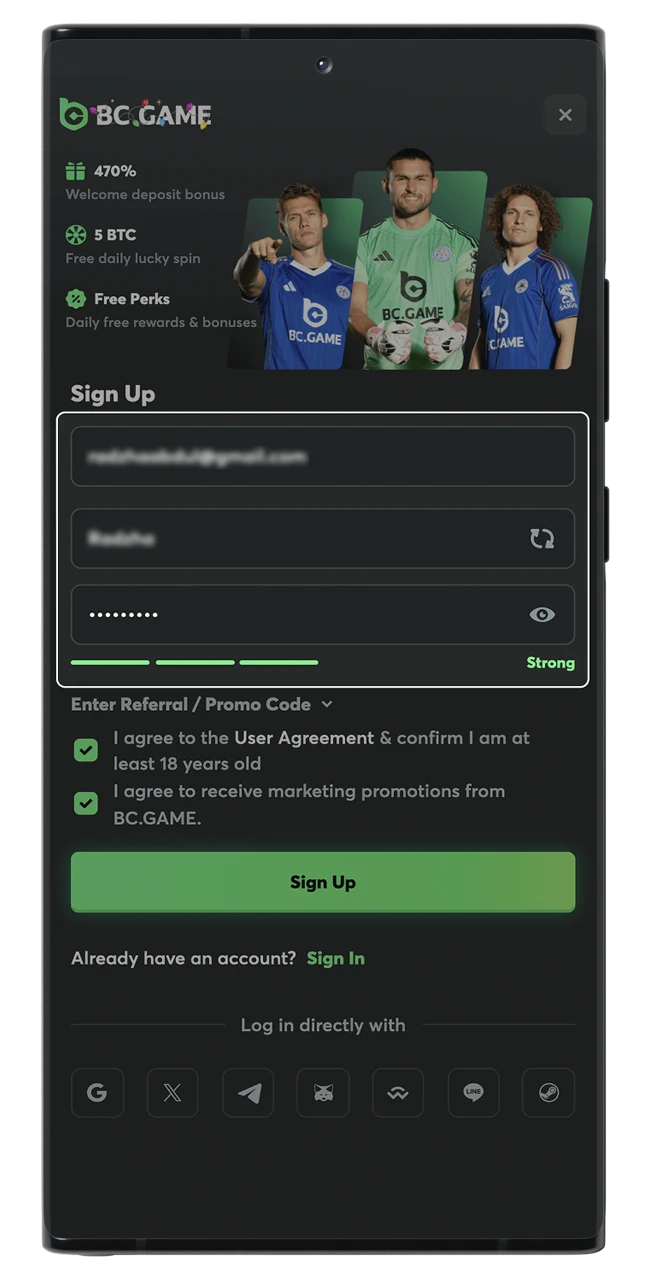 Create a unique username and a strong password for your new BC Game profile.