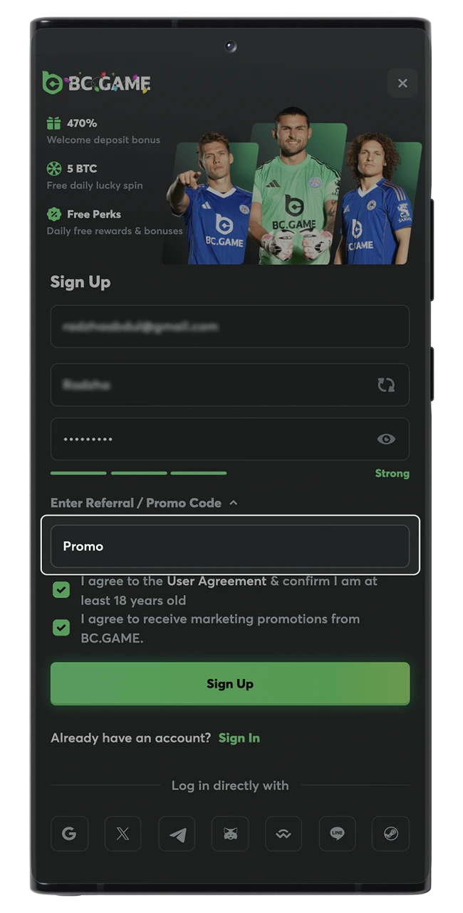 Apply your BC Game promo or referral code to claim your benefits.