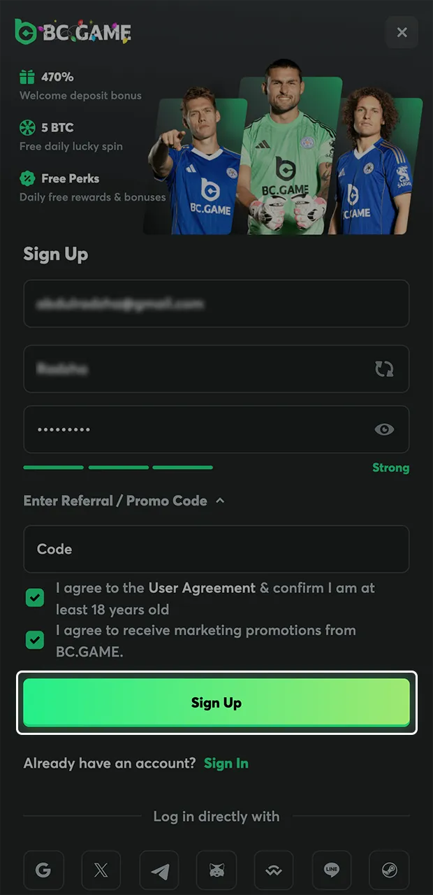 Complete the final steps to activate your BC Game profile.