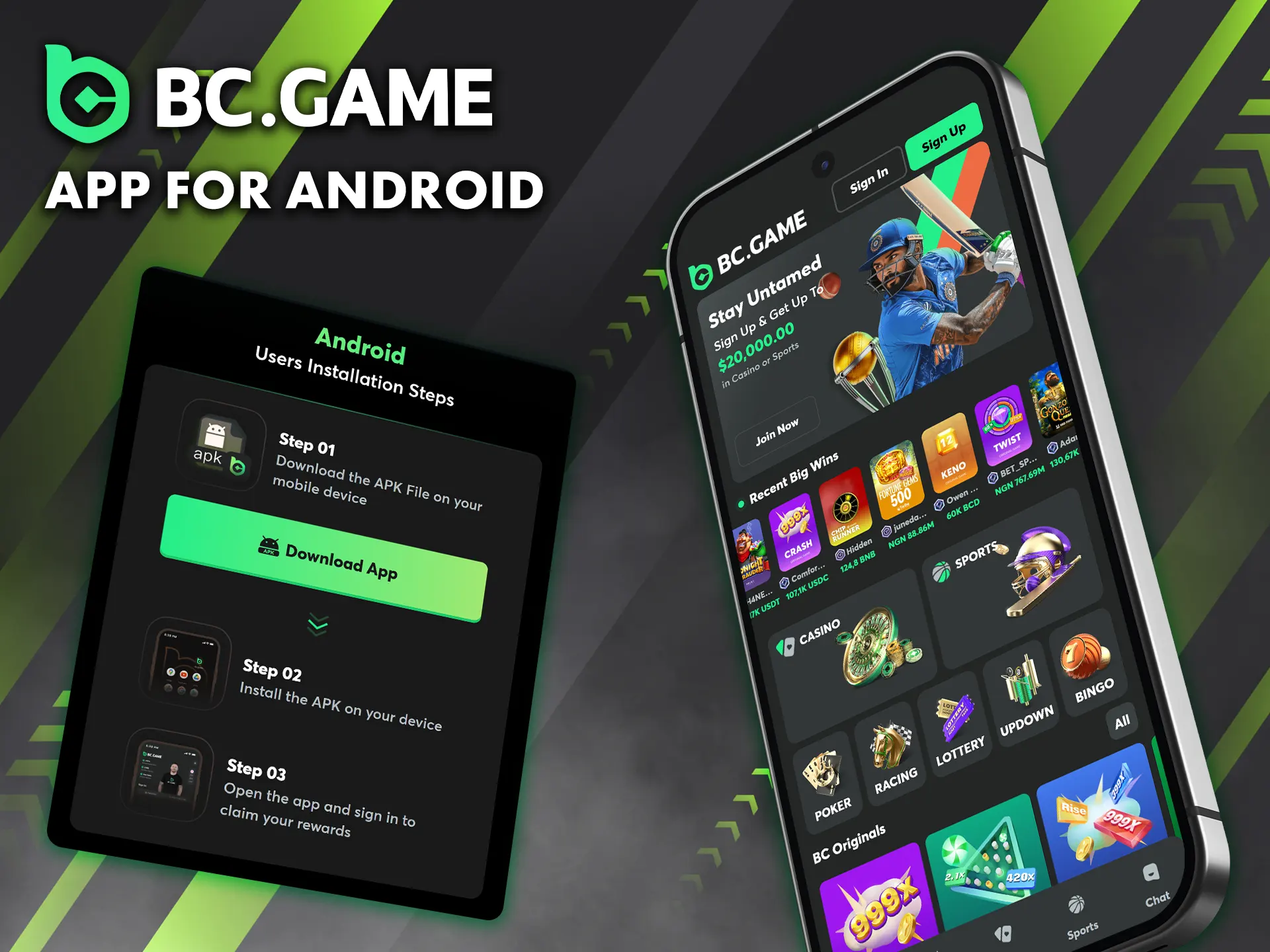 Bring the action to your Android device with the official BC Game app.