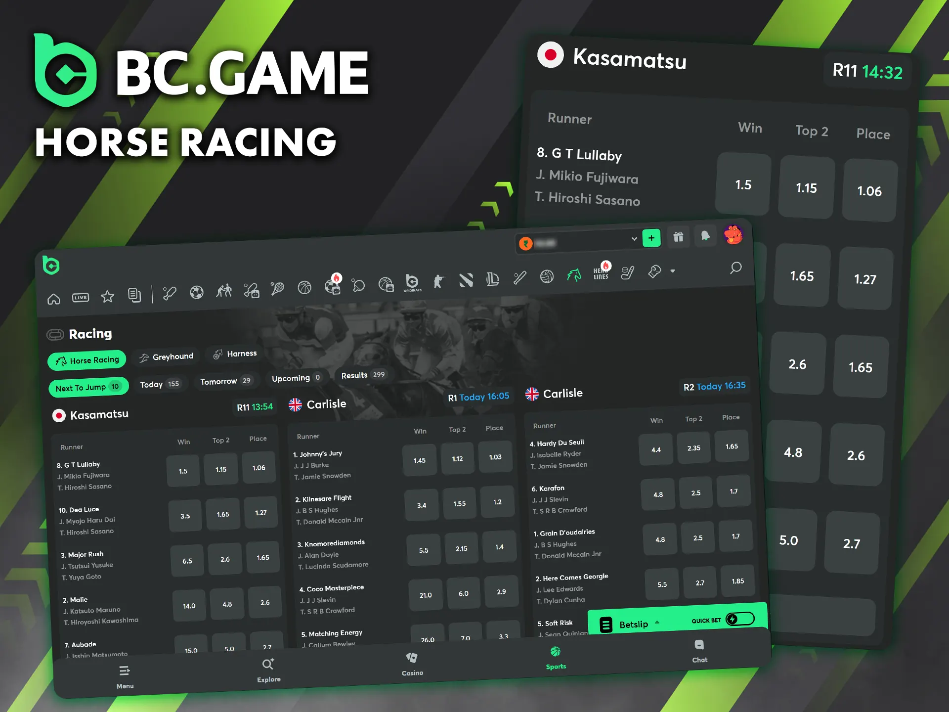 Pick your favorite race and place your wager through the BC Game sportsbook.